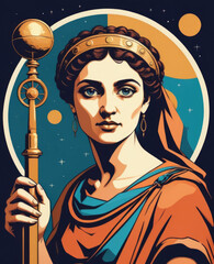 Hypatia - Mid-shot portrait of the ancient historical figure depicted in flat pop art style with astronomical instruments on modern abstract backgrounds Gen AI