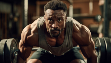Fototapeta premium Muscular man exercising in gym, showcasing strength and determination generated by AI