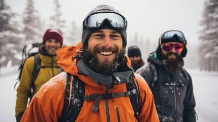 Group of hikers taking a selfie in the snowy mountain.