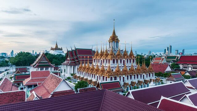 Golden metal castle illuminated, Wat Ratchanatdaram Woravihara, Loha Prasat temple in the morning at Bangkok