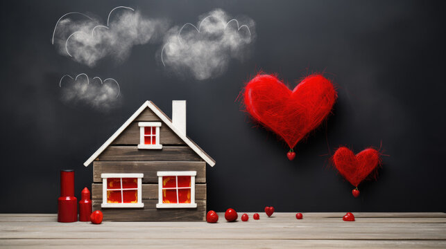 Houses with red roofs and hearts against a chalkboard-like background