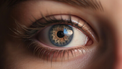 Close up of a young woman blue eye, staring at camera generated by AI