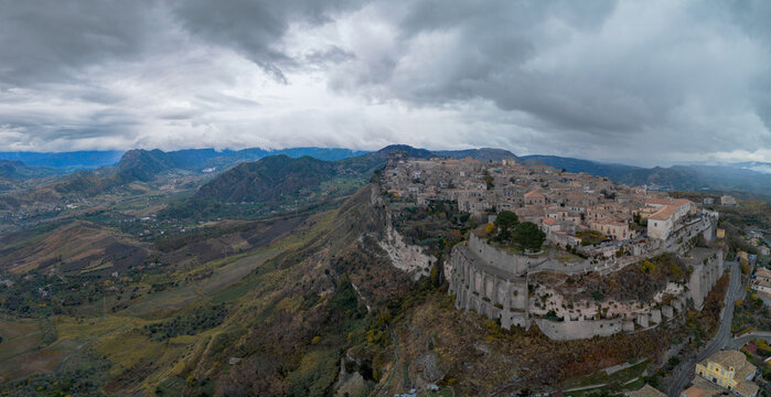 drone perspective of the picturesque mountain village of Gerace in Calabria