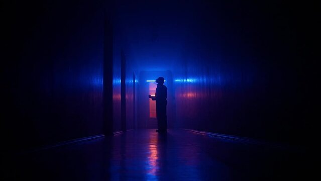 Portrait of silhouette in the hallway with neon light. Person in chemical protection suit walks cautiously in dark corridor, looking around low camera angle.