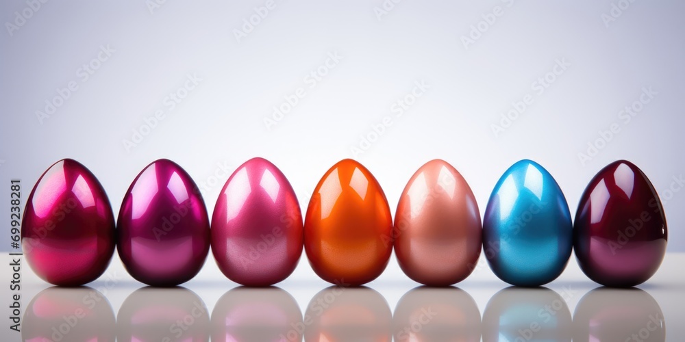 Poster a row of shiny colored eggs in a row.