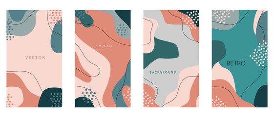 A seamless pattern set in groovy style with swirling and kaleidoscopic designs. Vector collection of vintage patterns for banners, prints, posters or gift wrap with curvy lines and trippy shapes.