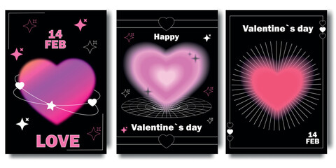 Set of Valentine's Day cards in y2k style. Modern abstract art design with hearts and modern typography. Templates for celebration, ads, branding, banner, cover, label, poster, sales