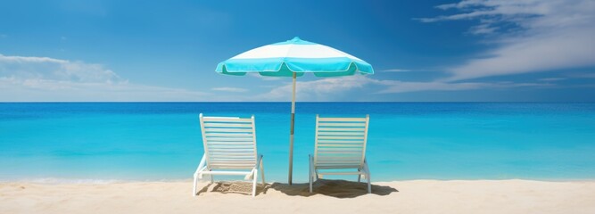two sun loungers on the beach with a white umbrella,