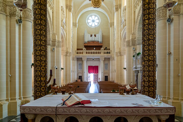view of the altar and the central nave of the Ta'Pinu Sanctuary on Gozo Island in Malta