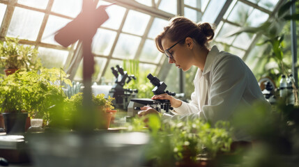 Naklejka na ściany i meble Female scientist in a lab coat examining plants with a microscope in a greenhouse