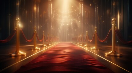 Red carpet between rope barriers. - obrazy, fototapety, plakaty