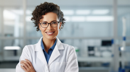 Portrait of a woman smiling in a medical lab coat, representing a healthcare professional - obrazy, fototapety, plakaty