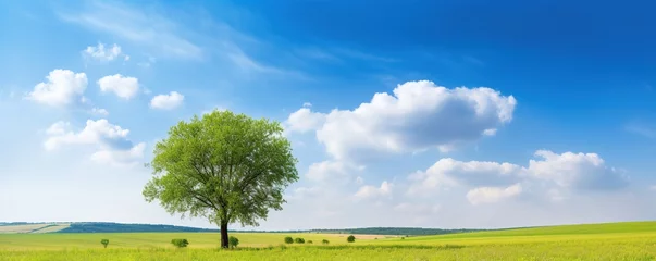 Plexiglas foto achterwand Natural view of a green field with one big tree © saka