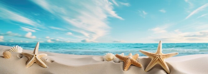 tropical seashells and starfish on the beach of the caribbean