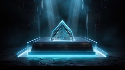 A futuristic sci - fi scene with a pyramid in the middle of the room.