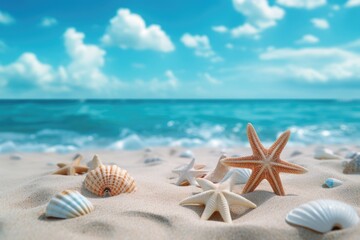 Fototapeta na wymiar tropical seashells and starfish on the beach of the caribbean
