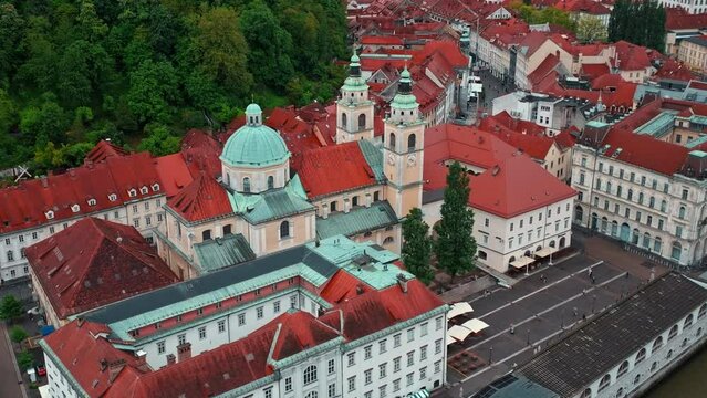 Cathedral of St. Nicholas is a Catholic cathedral in the city of Ljubljana, Slovenia filmed with a drone. Cathedral of the Diocese of Ljubljana, an architectural monument.