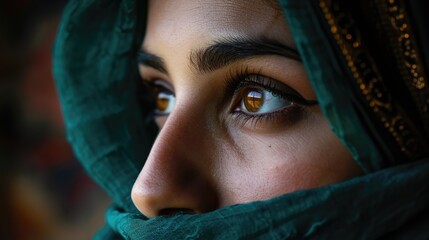Piercing look into the eyes of an Arab woman with a headscarf