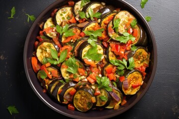 Ratatouille bowl made of eggplant, zucchini, pepper, onion and tomato