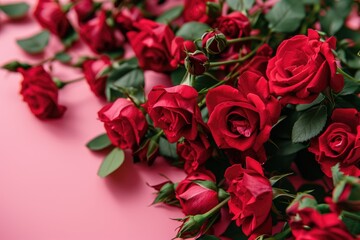 A group of red roses on a pink background