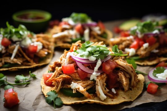 Chicken tostadas on crumpled baking paper