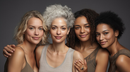 Obraz premium Group portrait of women of different ages and ethnic backgrounds, smiling and embracing each other, symbolizing diversity and unity.