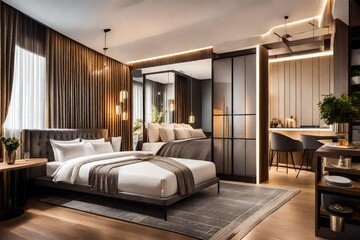 Fototapeta premium comfortable studio apartment, seamlessly blending the elegance of a hotel room with the functionality of a home.