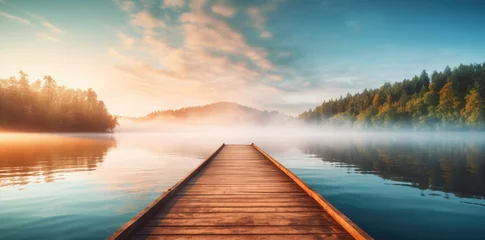 Foto op Plexiglas wooden dock at sunrise, lake with morning sunlight © grigoryepremyan