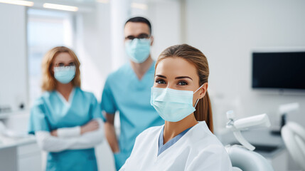 Team of healthcare professionals in surgical masks and scrubs