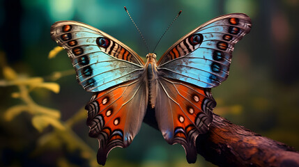 An abstract butterfly sits on a branch with its wings spread out