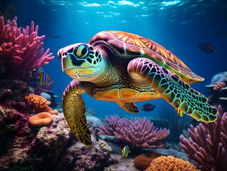 Naklejka premium A turtle swims over colorful corals in the ocean