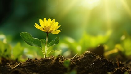 young yellow flower growing in green background