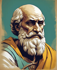 Archimedes in Pop Art - Mid-shot portrait of an ancient historical figure depicted in flat pop art style with a lever and overlaying color washes Gen AI - obrazy, fototapety, plakaty