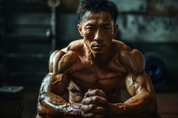 Fototapeta na wymiar Bodybuilder, Chinese. Ripped. Chinese Bodybuilder Dominating the Gym. Might Strength