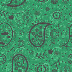 Green bandana kerchief paisley fabric patchwork abstract vector seamless pattern. - obrazy, fototapety, plakaty