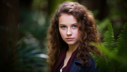 One young woman outdoors in nature, looking at camera, smiling generated by AI