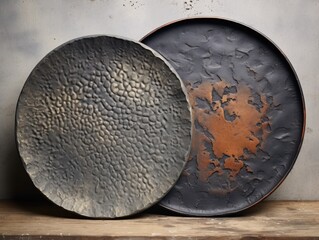 A couple of plates sitting on top of a wooden table. Cast iron grill plates.