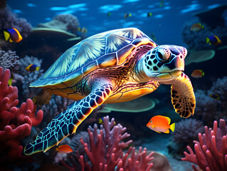 Fototapeta premium A turtle swims over colorful corals in the ocean
