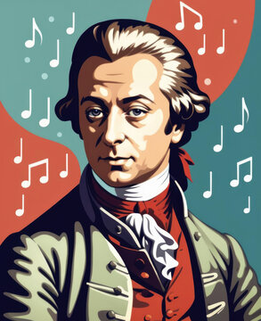 Flat Pop Art Portrait of Mozart with Musical Notes in Retro Colors Gen AI