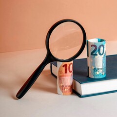 magnifying glass and money