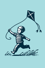 Happy little boy runing with a kite. Simple minimalistic blue engraving vector illustration on blue background. Vertical