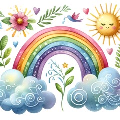 Fototapeta na wymiar Watercolor hand drawn rainbow and clouds isolated on white background, illustration. 