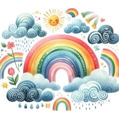 Watercolor hand drawn rainbow and clouds isolated on white background, illustration.
