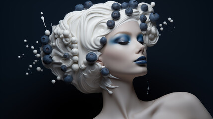 Kopf einer Frau mit geschlossenen Augen und blauem Makeup. Frisur aus Sahne und Heidelbeeren. Profil. Surreale Illustration vor schwarzem Hintergrund