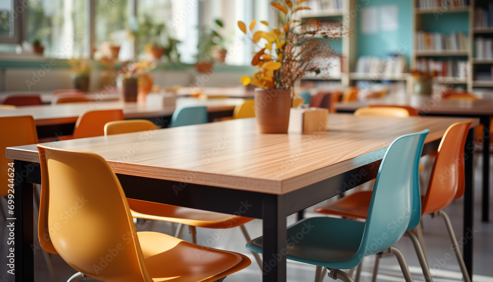 Poster empty classroom with modern chairs and wooden tables for studying generated by ai
