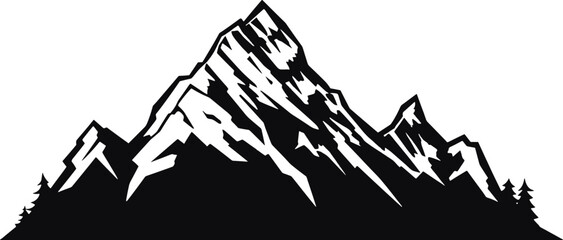 Mountain silhouette - vector icon. Rocky peaks. Mountains ranges. Black and white mountain icon isolated. AI generated illustration.