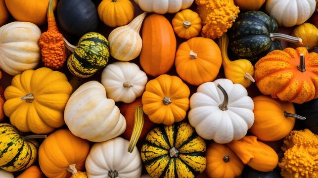 Colorful varieties of pumpkins and squashes. Color gradient background