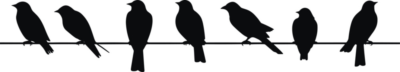 Silhouette of birds on the wires for decoration. AI generated illustration.