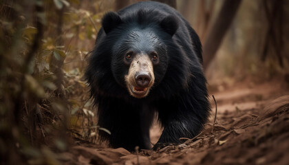 Cute dog sitting in the forest, looking at camera, playful generated by AI