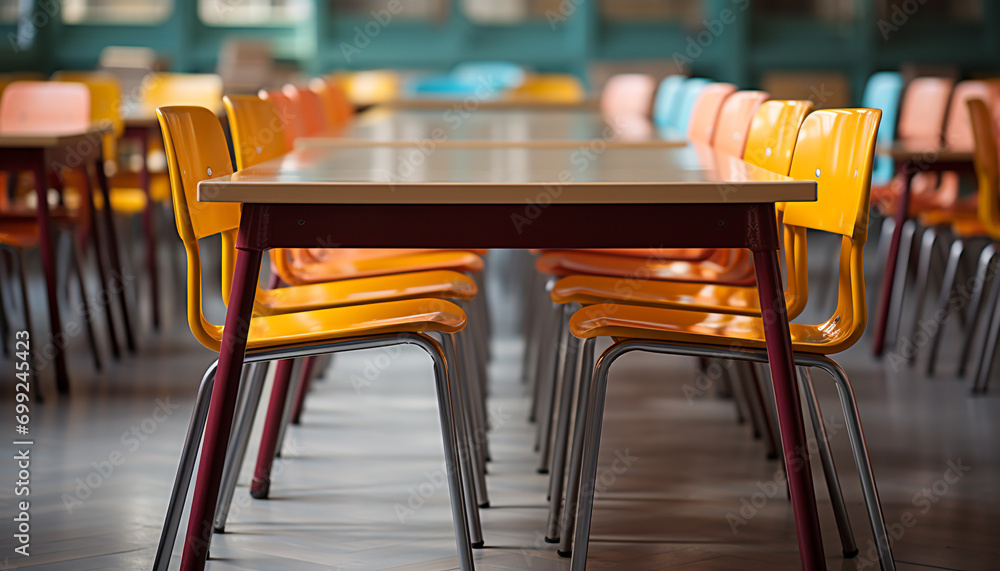 Poster empty classroom with tables and chairs in a row generated by ai